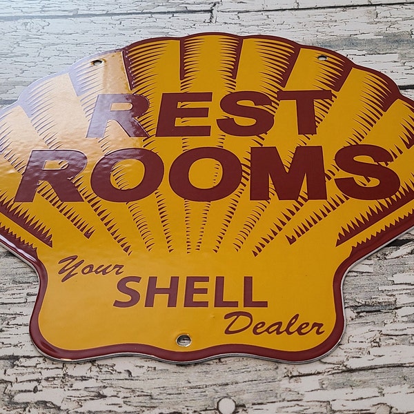 Vintage Shell Gasoline Porcelain Rest Rooms Dealer Gas & Motor Oil Service Station Pump Plate Sign