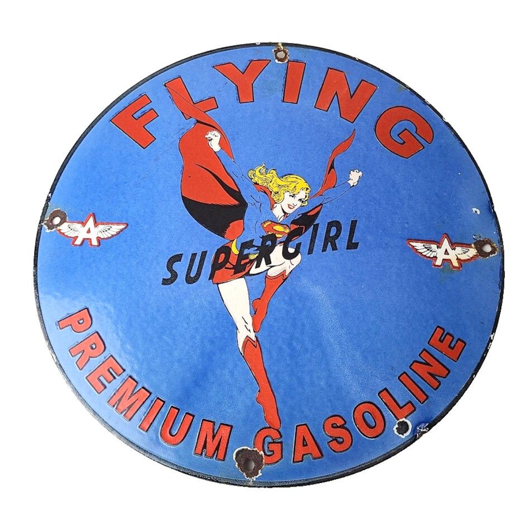 Vintage Flying A Gasoline Sign - Aviation Super Girl Porcelain Gas Pump ...