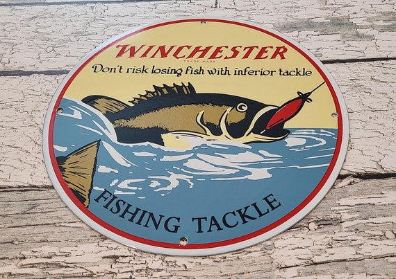 Vintage Winchester Porcelain Fishing Outdoor Bait and Tackle Sales Lures  Gas Pump Plate Sign 