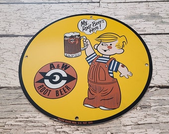 Vintage A&W Root Beer Porcelain Dennis the Menace Gas Service Station Pump Plate Sign