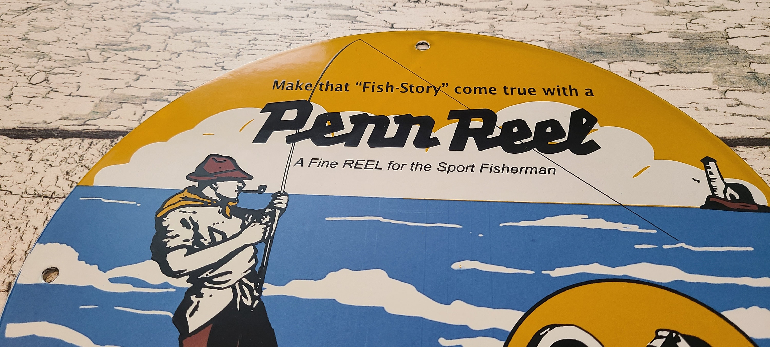 Vintage Penn Reels Porcelain Fishing Outdoor Bait and Tackle Sales Lures  Gas Pump Plate Sign 