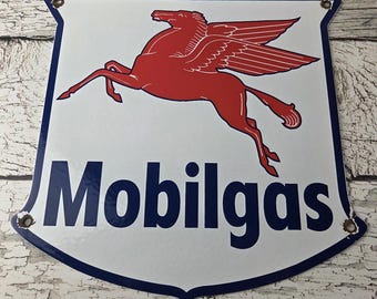 Vintage Mobil Gas Porcelain Sign - Pegasus Gasoline Shield Logo Sign