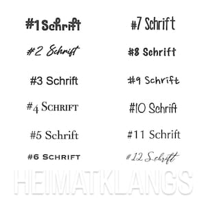May include: A graphic design image showing 12 different font styles for the word "Schrift" in black text on a white background. The word "HEIMATKLANGS" is also shown in white text on a black background.