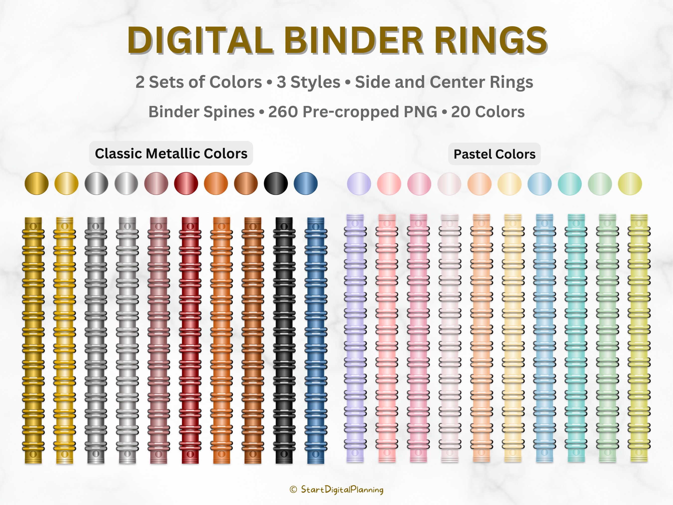 Metallic Realistic Digital Planner Coils Gold, Silver, Rose Gold, Bronze  for Digital Planner, Double Binder Ring Clipart, Digital Rings 