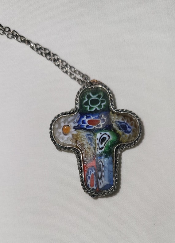 Millefiori Blown Glass Cross Pendant, Murano Styl… - image 6