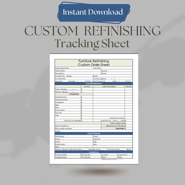 Furniture Refinishing Custom Order Tracking Sheet