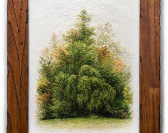 September in Rockville, Embroidery Art, Handmade, Wooden Frame, Autumn, Landscape, Hand Embroidery