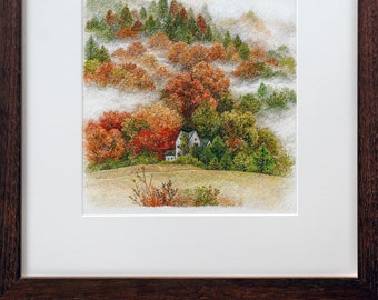 Autumn, Hand Realistic Embroidery Picture, Unique Embroidery Style, Landscape, Collectable Art