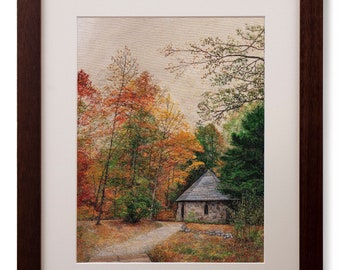 Columcille Megalith Park, Hand Realistic Embroidery Picture, Unique Embroidery Style, Landscape, Autumn, Collectable Art