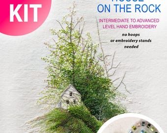 Hand Embroidery Kit "House on the Rock": threads, needles, fabric with the pattern, flash drive with PDF guide (English)