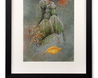 Forest Waterfall, Embroidery Art, Handmade, Wooden Frame, Autumn, Waterfall, Moss, Needlework