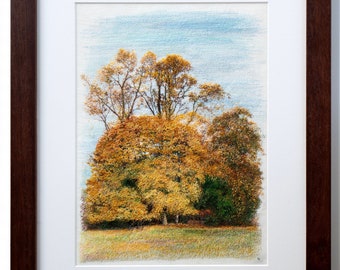 October in Rockville, Embroidery Art, Handmade, Wooden Frame, Autumn, Yellow, Hand Embroidery