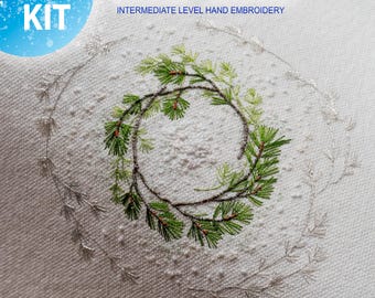 Hand Embroidery Kit "Winter Wreath": threads, needles, fabric with the pattern, flash drive with PDF guide (English)