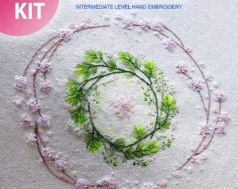 Hand Embroidery Kit "Spring Wreath": threads, needles, fabric with the pattern, flash drive with PDF guide (English)
