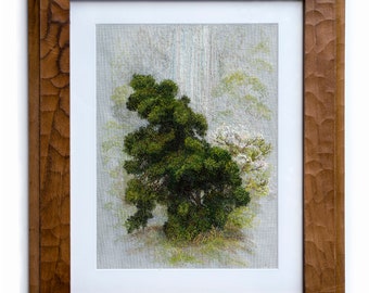 Imagen de bordado estilo realista, árbol de bordado, cascada del bosque, arte coleccionable
