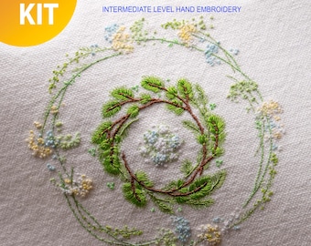 Hand Embroidery Kit "Summer Wreath": threads, needles, fabric with the pattern, flash drive with PDF guide (English)