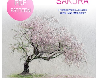 May include: A PDF pattern for intermediate to advanced level hand embroidery featuring a Sakura cherry blossom tree. The design displays a dark trunk with light green leaves and dense pink and white floral clusters. Text reads SAKURA.