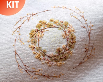 Hand Embroidery Kit "Autumn Wreath": threads, needles, fabric with the pattern, flash drive with PDF guide (English)