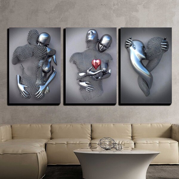 Set of 3 Love Heart Canvas Print, Canvas 3D Effect, Love Heart Wall Art, Hugging Couple Painting , Canvas Love Heart Art, Couple Wall Decor