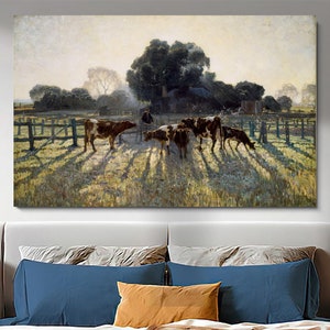 Elioth Gruner - Spring frost Wall Art, Cow Painting, Art Reproduction, Modern Home Decor, Exhibition Print, Cattle Canvas, Farmhouse Poster