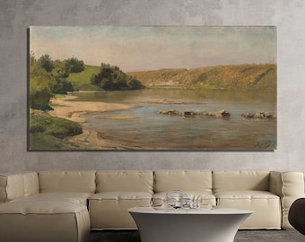Lienzo vintage con paisaje de río: arte de montaña de estilo rústico