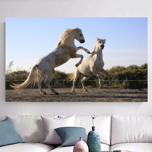 White Horses Wall Art, Horse Farm Poster, Animal Print Art, Horses Canvas, Nature Artwork, Gift For Home, Large Wall Art, Living Room Art