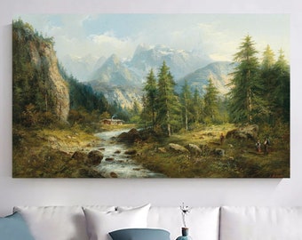Rustic Mountain Canvas Art: Snowy Landscape, Pine Tree Poster