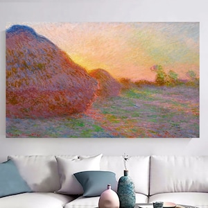May include: A painting depicting a field with haystacks in the foreground and a sunset in the background. The sky is a blend of pink, orange, and yellow, and the haystacks are a deep purple. The painting is executed in a style reminiscent of Impressionism.