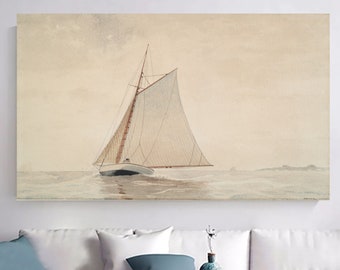May include: A watercolor painting of a sailboat with a white sail on a calm body of water. The sky is a light blue and the water is a light blue-green. The sailboat is in the center of the image and is facing to the right.