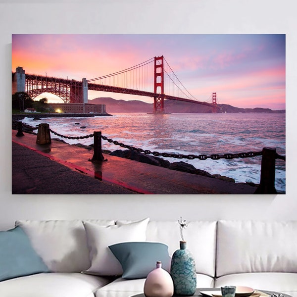 Arte de la pared del lienzo del puente Golden Gate, cartel del puente del atardecer, decoración moderna de la pared, arte con vistas al mar, paisaje de San Francisco, impresión de los Estados Unidos