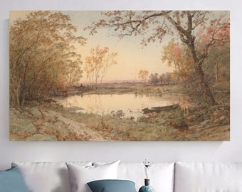 Könnte beinhalten: Ein Landschaftsgemälde zeigt einen ruhigen Teich, umgeben von Bäumen in Herbstfarben. Das Kunstwerk zeigt ein Boot auf dem Wasser und eine warme Farbpalette, die eine friedliche Atmosphäre schafft. Das Gemälde wird über einem weißen Sofa ausgestellt.