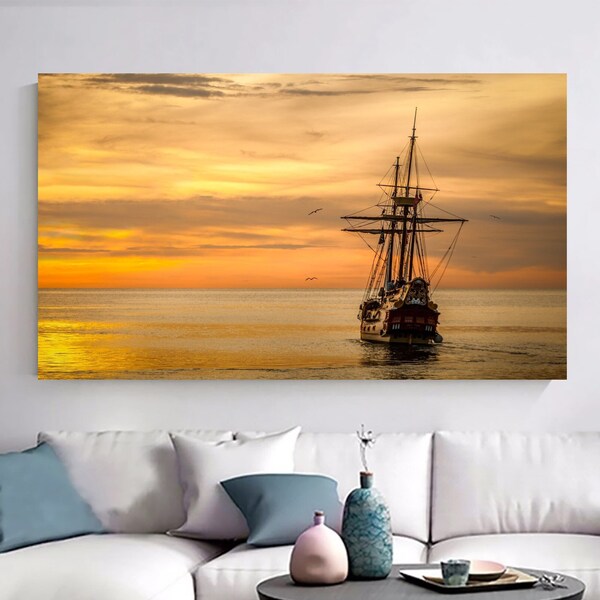 Ship gliding at Sunset Canvas, Modern Wall Decor, Sunset Wall Art, Ship Print Art, Pirate Ship Artwork, Living Room Wall Art, Gift for Home