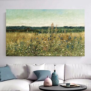 Wildblumen Feld Landschaft Wandkunst, druckbare Landschaft, rustikales Poster, Vintage Feldmalerei, Wohnzimmerdekor, Blumen Leinwandkunst