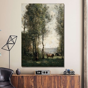 Wooded Landscape with Cows in a Clearing Wall Art, Farmhouse Painting, Animal Print, Vintage Cow Poster, Landscape Canvas, Gift for Home