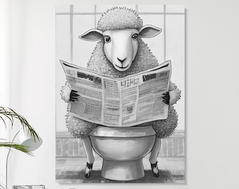 Funny Sheep on Toilet Print: Newspaper Art, Bathroom Decor