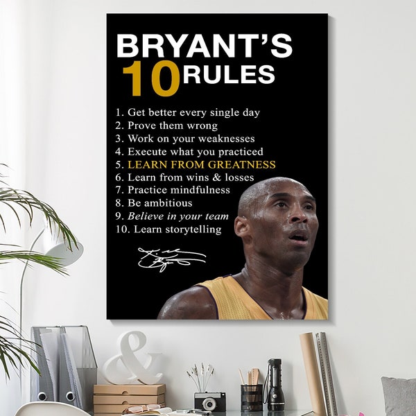 Kobe Bryant 10 Rules Poster, Kobe Bryant Canvas, Mamba Mentality Art, Inspirational Print Art, Motivational Wall Decor, NBA Fan Gift