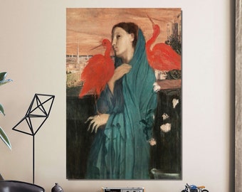 Pode incluir: Uma pintura de uma mulher com uma túnica azul esverdeada com dois pássaros vermelhos empoleirados em seu braço. A mulher tem cabelos longos e escuros e olha para a esquerda. O fundo é uma cidade com um céu de pôr do sol.