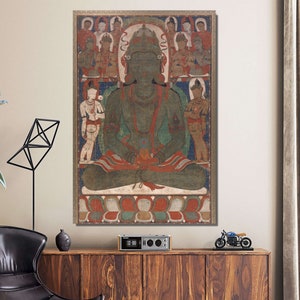 May include: A painting depicting a green-skinned deity seated in a meditative pose, surrounded by smaller figures. The deity is adorned with a crown and jewellery, and holds a lotus flower in their hand. The painting is set against a background of intricate patterns and colours.