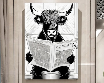 Highland Cow Bathroom Art: Funny Toilet Newspaper Print