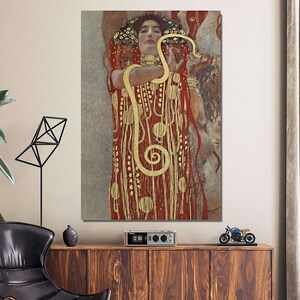 Higía de Gustav Klimt (1907), arte mural, reproducción artística, pintura moderna, lienzo de diosa, impresión abstracta de serpiente, póster de mitología