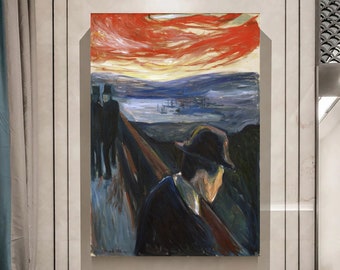 May include: A painting of a person with a black hat and a red sky in the background. The person is walking on a path with two other people in the distance. The painting is titled "The Scream" by Edvard Munch.