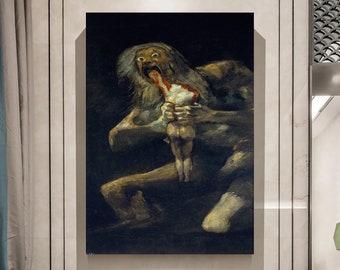 May include: A dark, dramatic painting depicting a monstrous figure with a long white beard, holding a small child in its arms. The figure's mouth is open, revealing a bloody, gaping maw. The painting is rendered in a dark, shadowy style, with a sense of unease and horror.