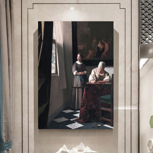 A Dama Escrevendo uma Carta com sua Empregada, de Johannes Vermeer, Arte de Parede, Reprodução, Impressão em Tela Famosa, Pintura Moderna, Arte de Sala de Estar