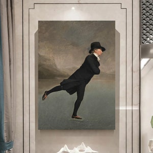 May include: A painting of a man ice skating in a black coat and hat. The background is a blurry landscape with a cloudy sky.