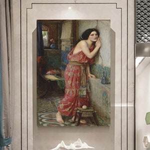 ジョン・ウィリアム・ウォーターハウス作「ティスベ」の壁画、複製画、美しい赤い女性のプリント、長い髪の女性キャンバスアート