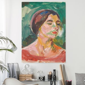 May include: An oil painting of a woman with closed eyes, rendered in bold brushstrokes. The portrait features a palette of reds, greens, pinks, and yellows. The woman wears a red dress and has dark brown hair. The artwork is displayed on a white wall.