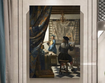 May include: A painting depicting a scene inside an artist's studio. A man in a black and white outfit is painting a woman in a blue dress. The woman is holding a lute. The studio is decorated with a checkered floor, a tapestry, and a chandelier.