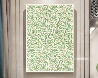 May include: A vintage-style wallpaper design featuring a repeating pattern of green willow branches and leaves on a white background.