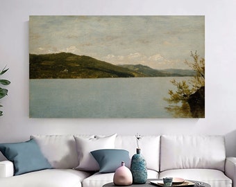 Toile paysage de lac vintage : oeuvre d'art murale de ferme