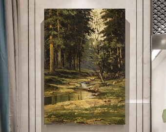 Moody Forest Landscape Canvas Art: Rustic Pine Tree Print